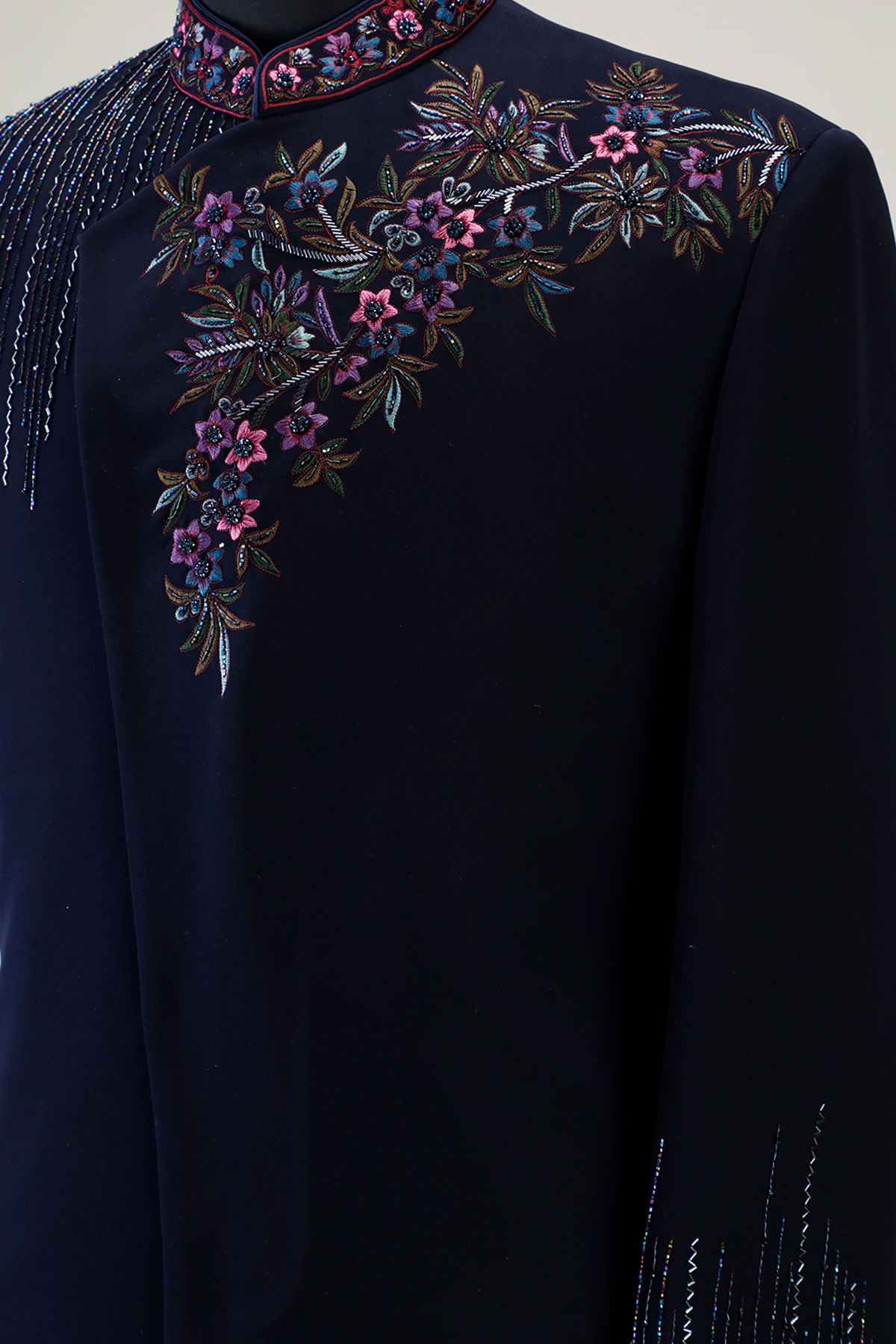Navy Blue Resham Embroidered Silk Indo-Western Sherwani (1-Pc) - Image 2