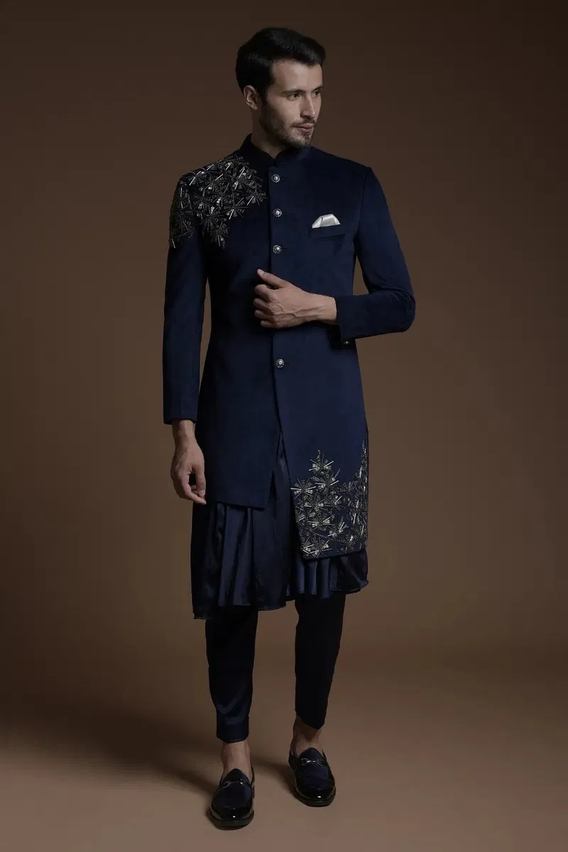 Dark Navy Cutdana & Zardosi Suede Sherwani (3-Piece) - Image 1