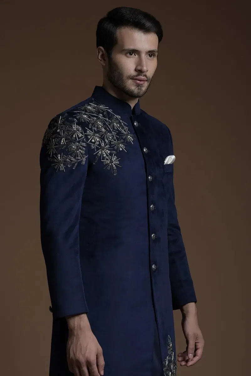 Dark Navy Cutdana & Zardosi Suede Sherwani (3-Piece) - Image 2