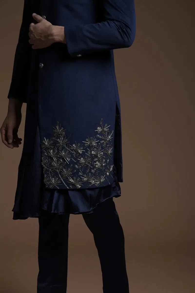 Dark Navy Cutdana & Zardosi Suede Sherwani (3-Piece) - Image 3