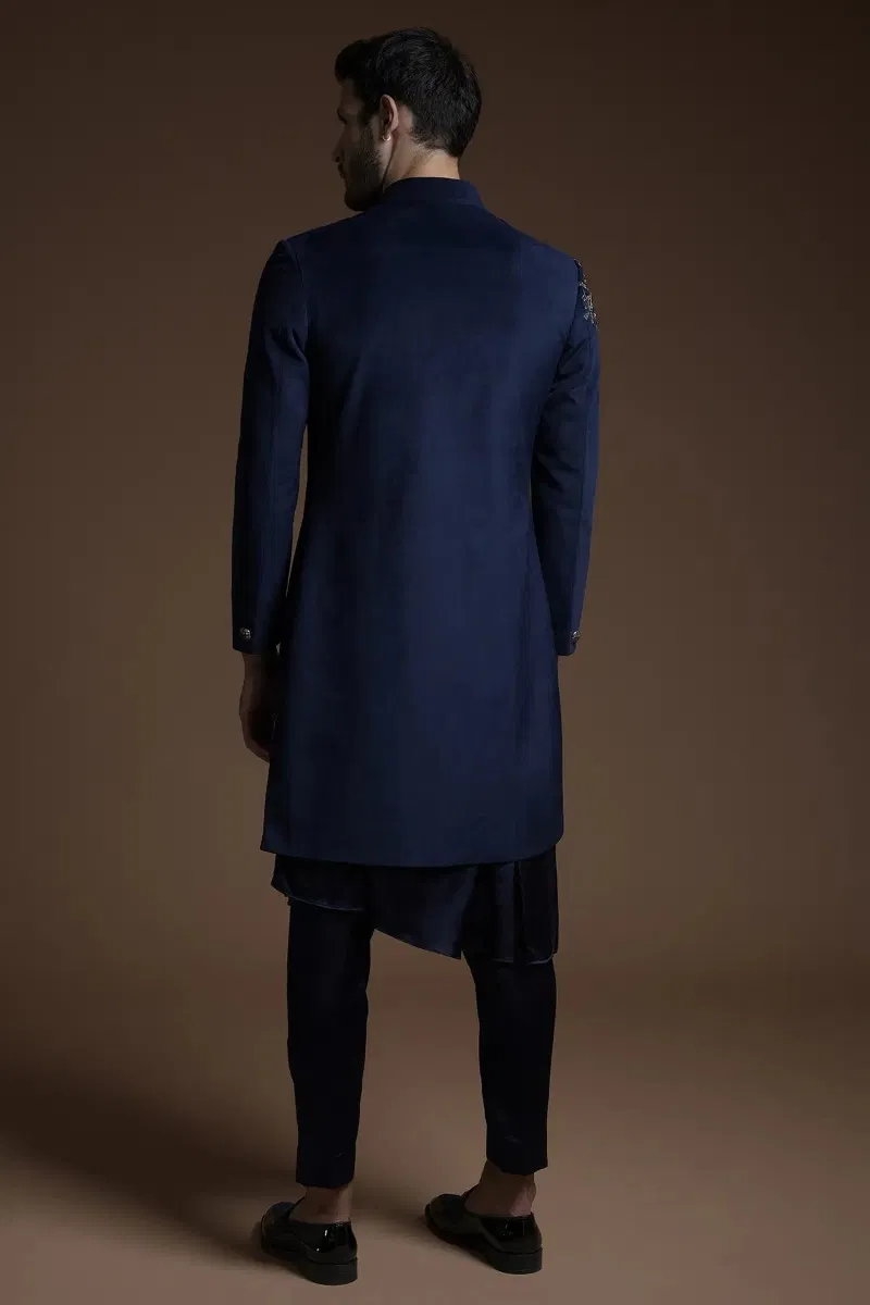 Dark Navy Cutdana & Zardosi Suede Sherwani (3-Piece) - Image 5