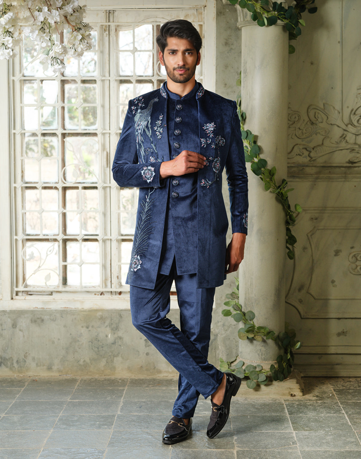 Navy Blue Cutdana Velvet Indo Western Sherwani (3-Piece) - Image 1