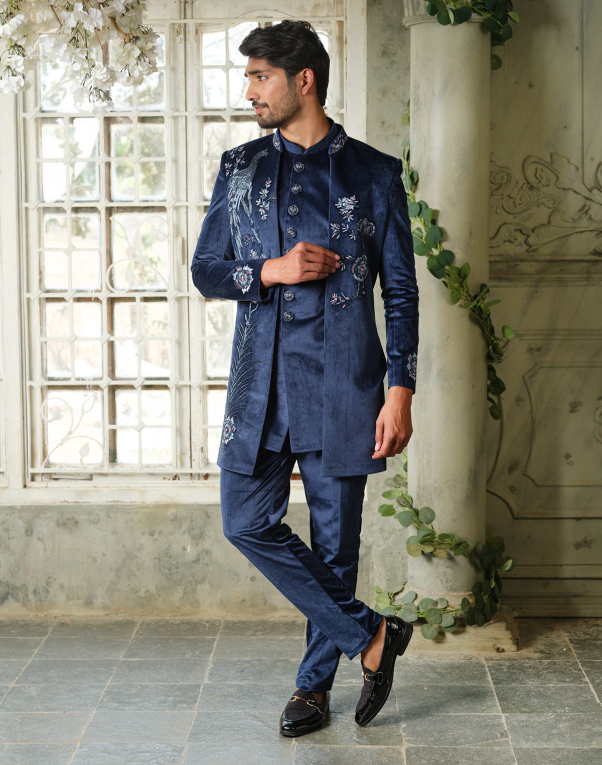 Navy Blue Cutdana Velvet Indo Western Sherwani (3-Piece) - Image 3
