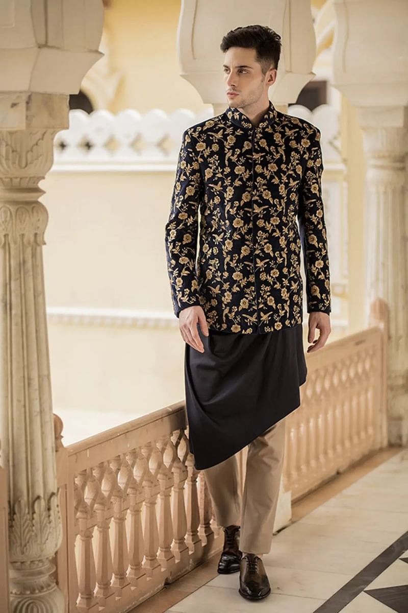Navy Blue Zardosi Velvet Indo-Western Sherwani (3-Piece) - Image 1