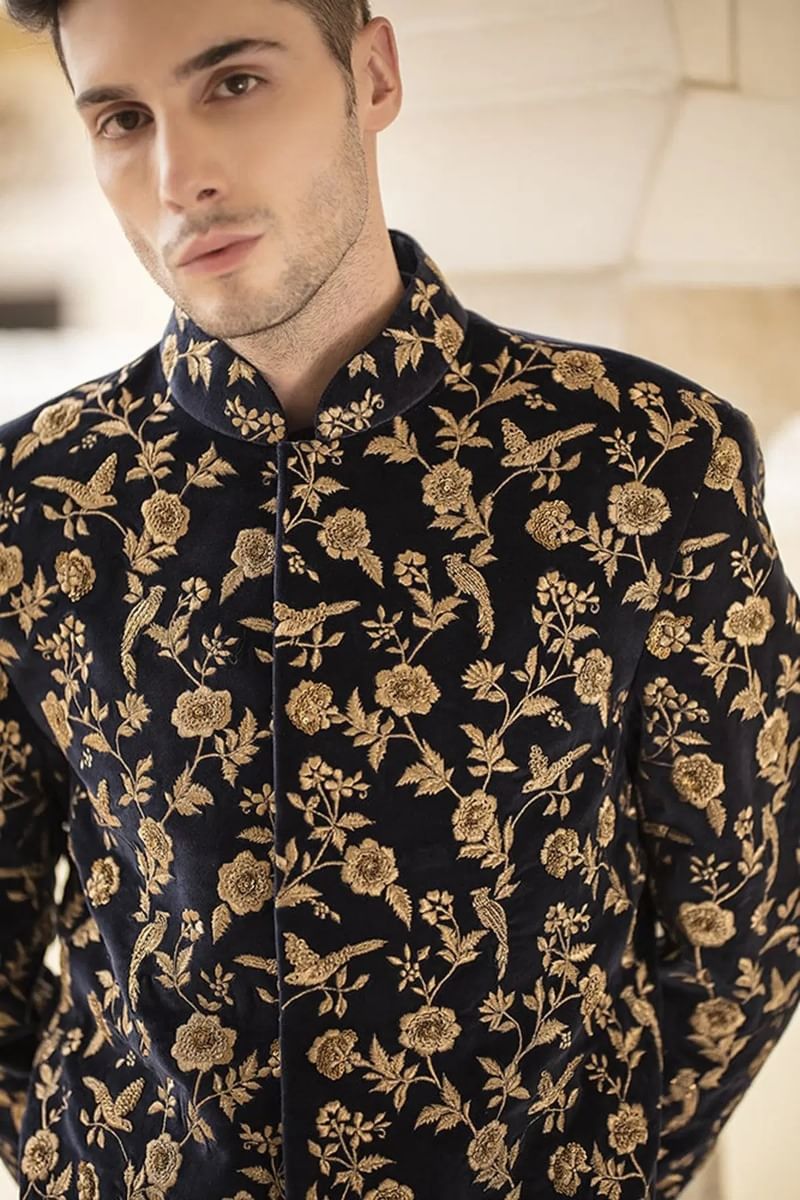 Navy Blue Zardosi Velvet Indo-Western Sherwani (3-Piece) - Image 2