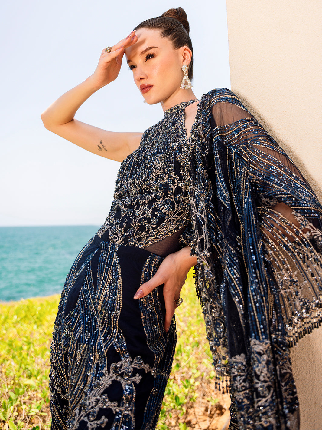 Indian Midnight Navy Embellished Net & Raw Silk Jumpsuit (3-Piece) - Image 2