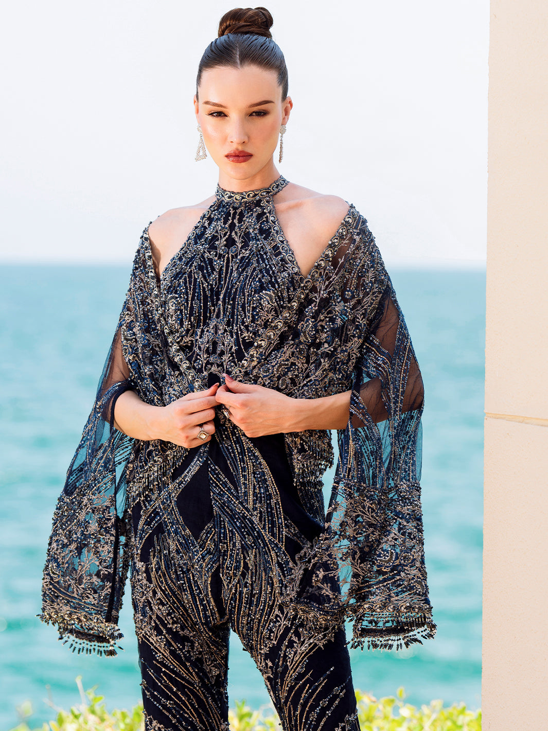 Indian Midnight Navy Embellished Net & Raw Silk Jumpsuit (3-Piece) - Image 6