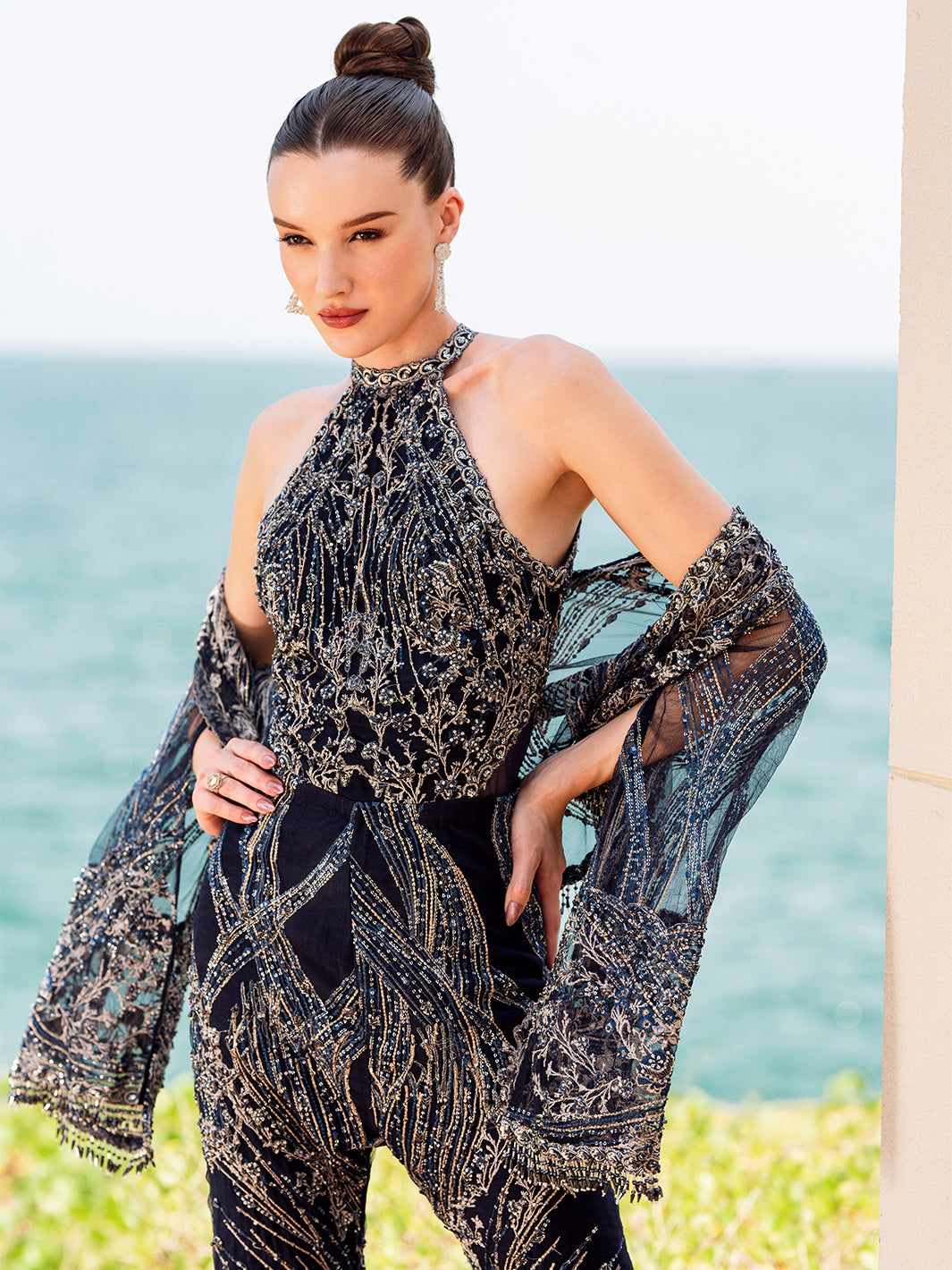 Indian Midnight Navy Embellished Net & Raw Silk Jumpsuit (3-Piece) - Image 8