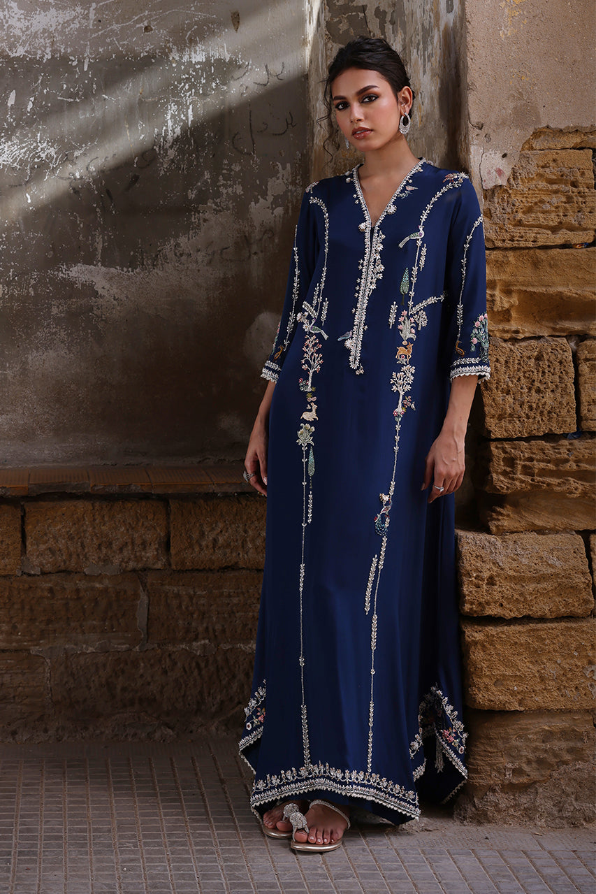Navy Blue Zardozi Aari Crepe Silk Kaftan (1-Pc) - Image 1