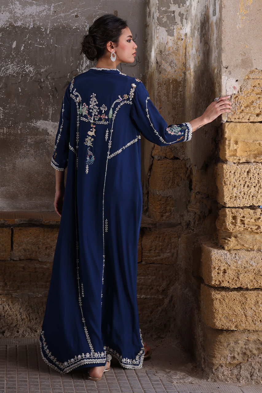 Navy Blue Zardozi Aari Crepe Silk Kaftan (1-Pc) - Image 2