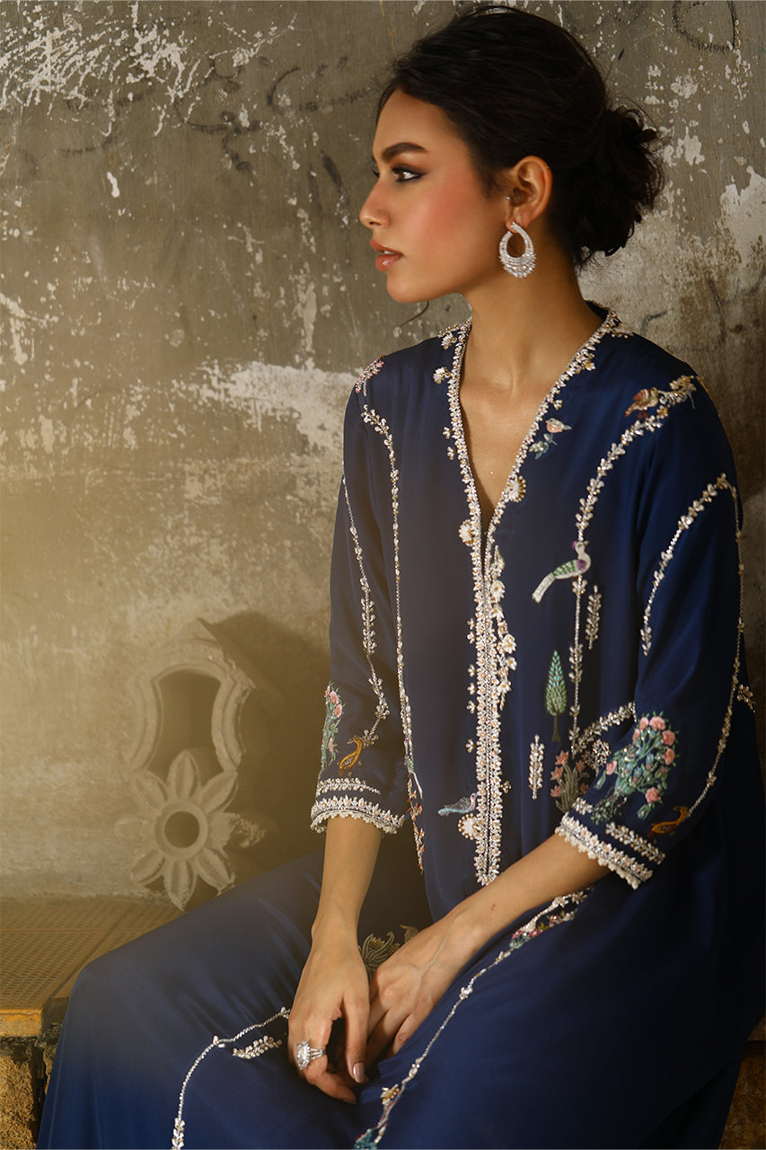Navy Blue Zardozi Aari Crepe Silk Kaftan (1-Pc) - Image 4
