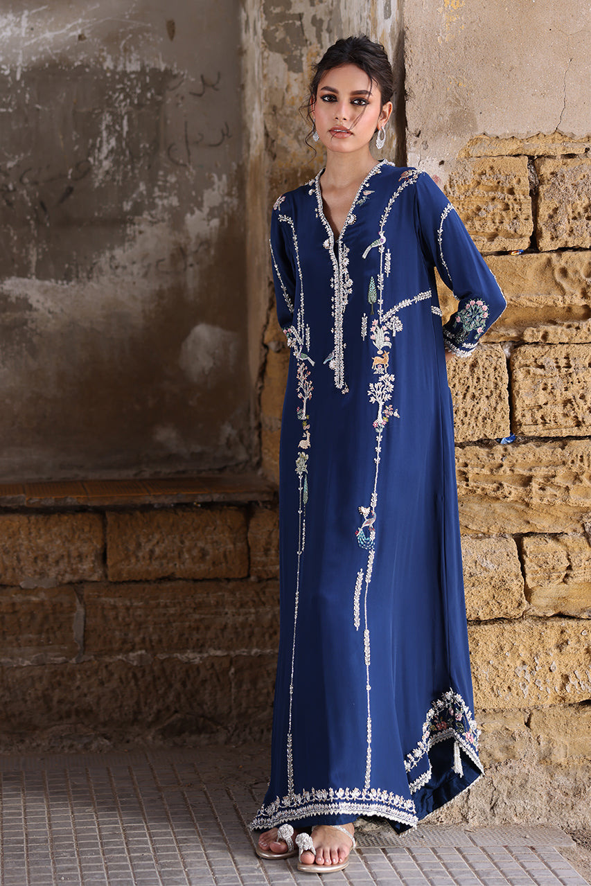 Navy Blue Zardozi Aari Crepe Silk Kaftan (1-Pc) - Image 5