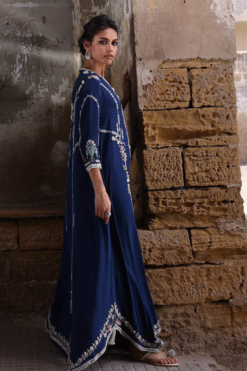 Navy Blue Zardozi Aari Crepe Silk Kaftan (1-Pc) - Image 6
