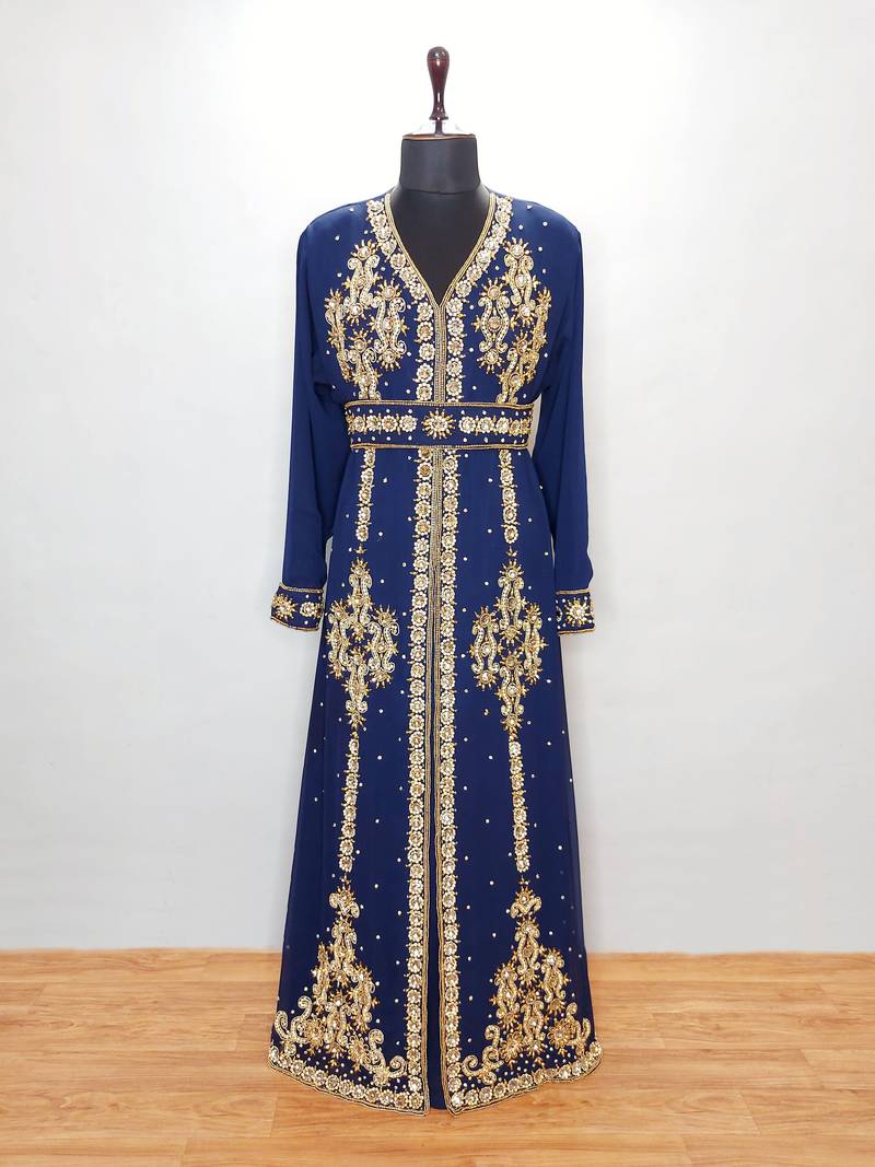 Navy Blue Embroidered Georgette Moroccan Kaftan (2-Piece) - Image 1