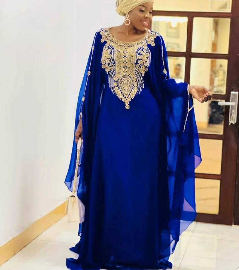 Navy Blue Zari Embroidered Georgette Kaftan (1-Pc) - Image 1