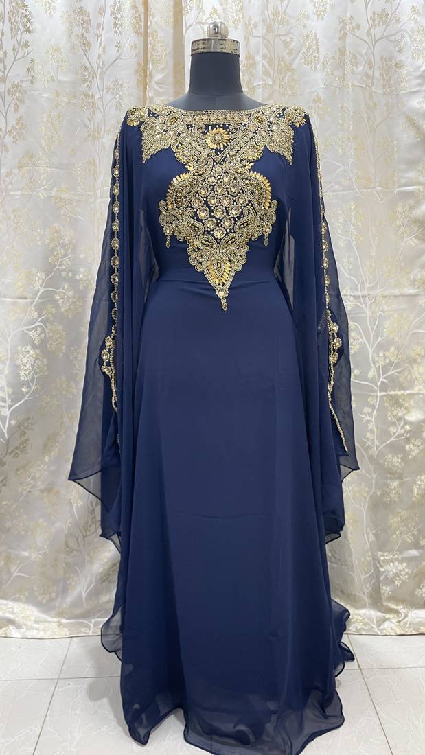 Pakistani Navy Blue Zari Embroidered Georgette Kaftan (1-Pc) - Image 1