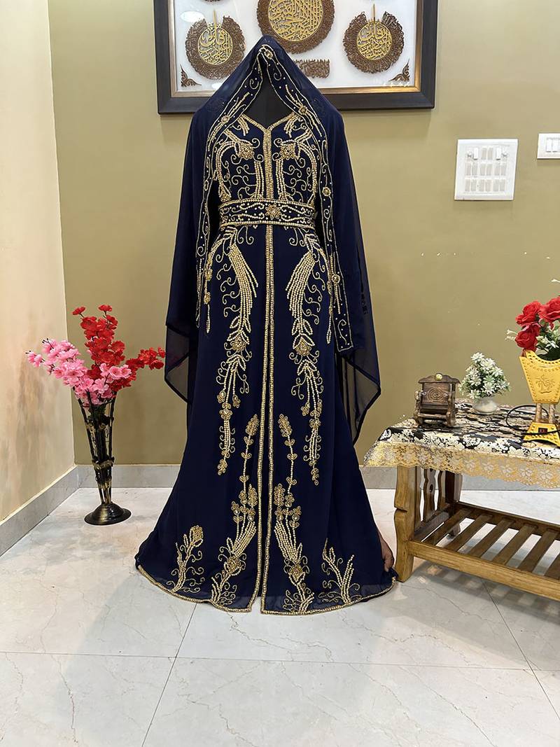 Pakistani Navy Blue Zari & Crystal Georgette Kaftan (1-Pc) - Image 1