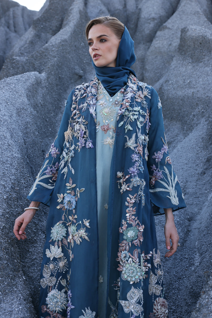 Navy 3D Embellished Organza Jacket with Sage Raw Silk Kaftan (3-Piece) - Image 3