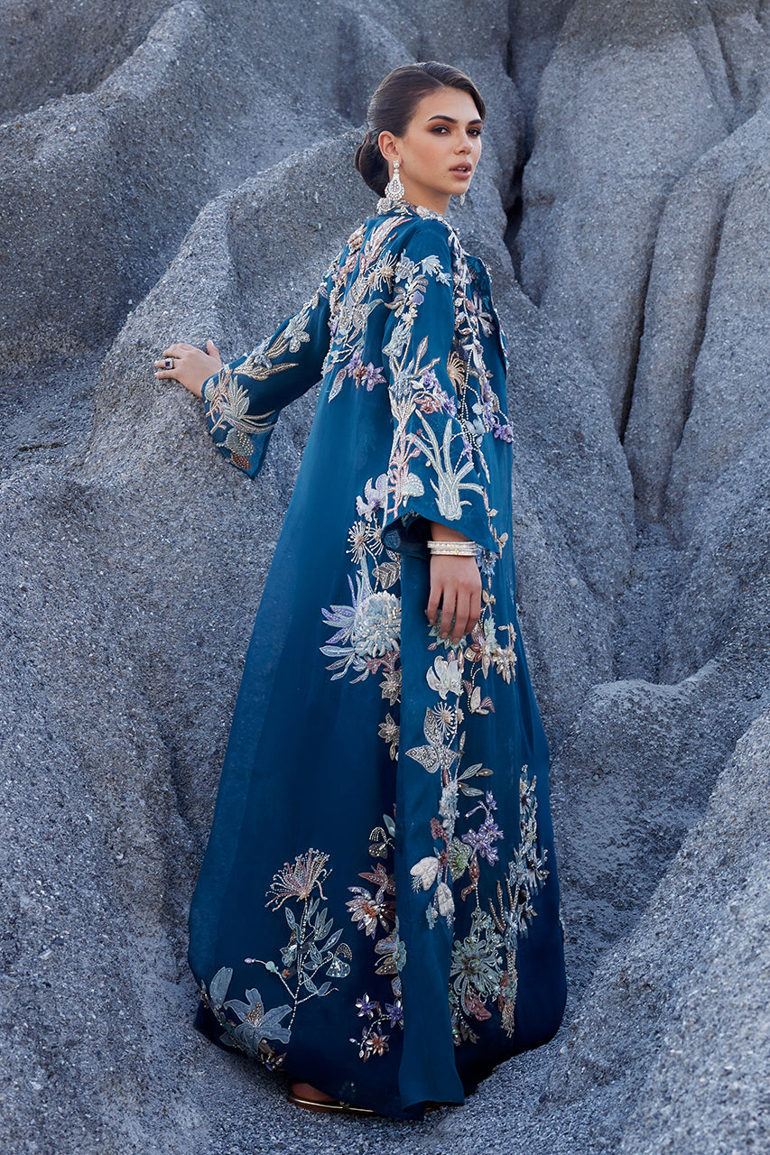 Pakistani Navy 3D Embroidered Organza Jacket & Raw Silk Kaftan (2-Piece) - Image 2