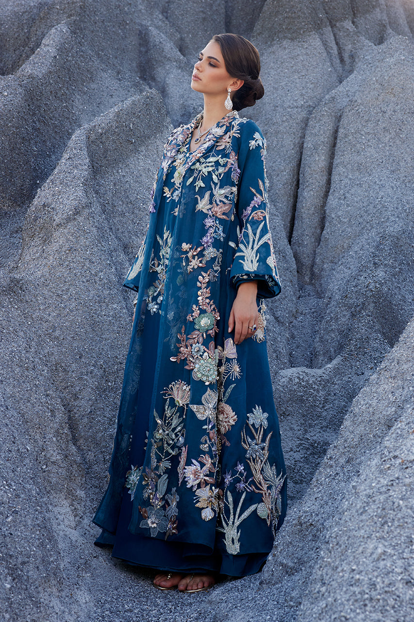 Pakistani Navy 3D Embroidered Organza Jacket & Raw Silk Kaftan (2-Piece) - Image 3