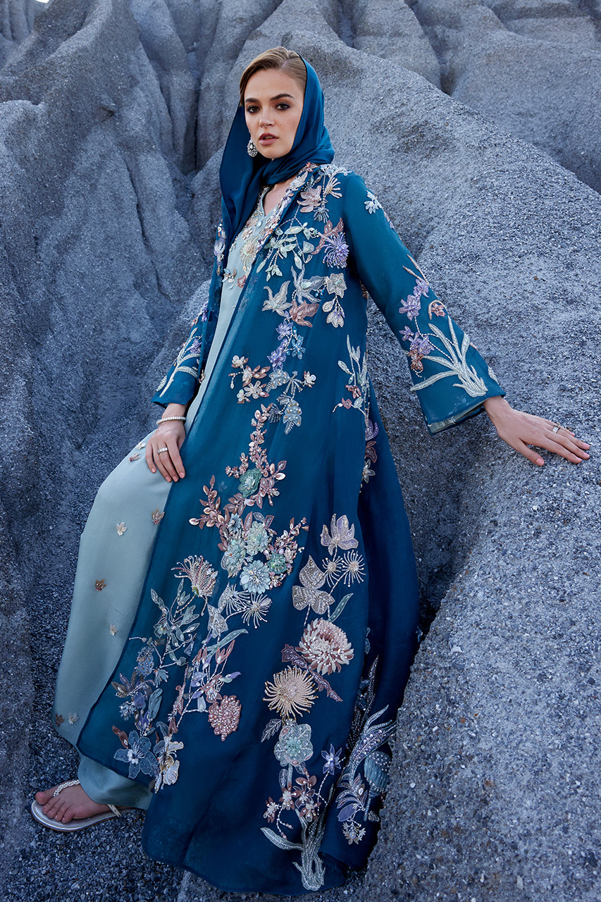 Navy 3D Embroidered Organza Jacket with Raw Silk Kaftan (3-Piece) - Image 1