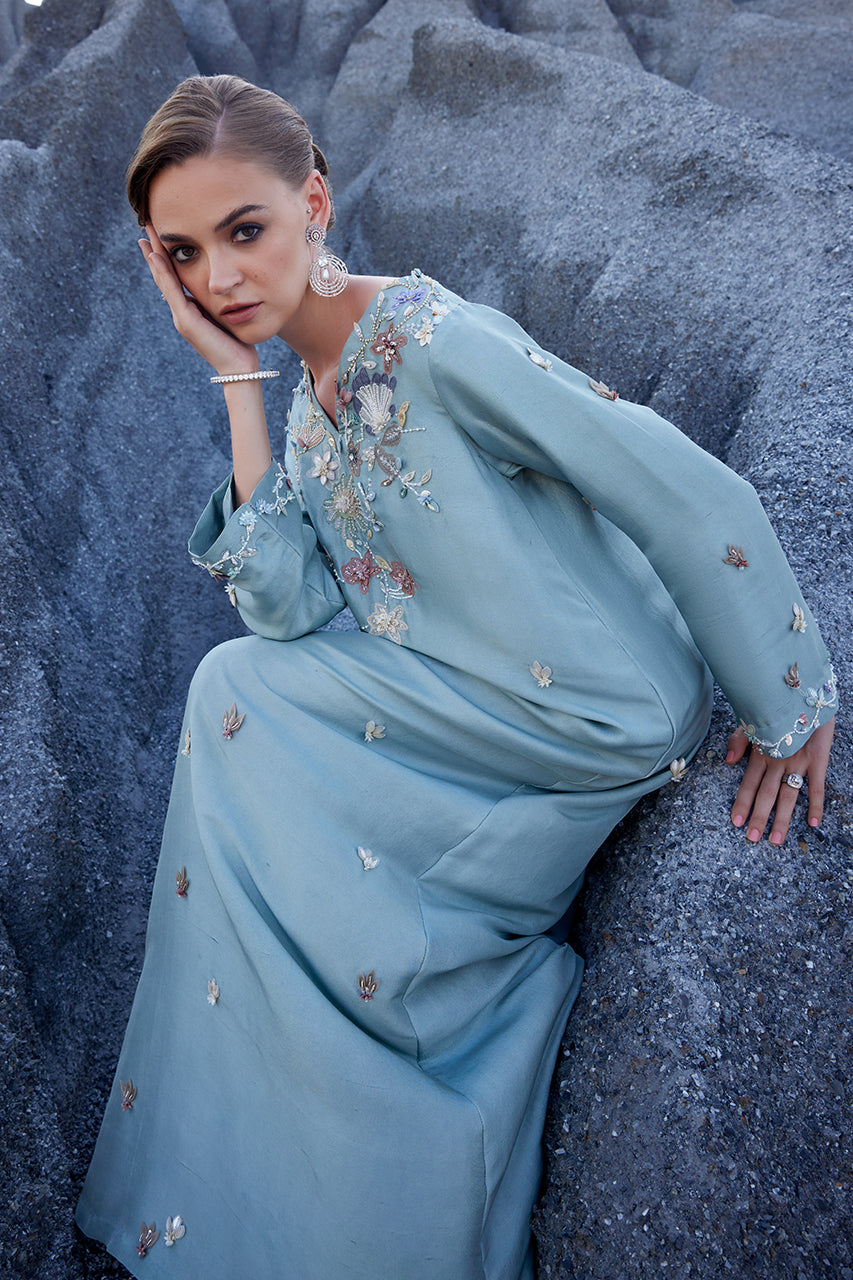 Pakistani Navy 3D Embroidered Organza Jacket with Raw Silk Kaftan (3-Piece) - Image 2