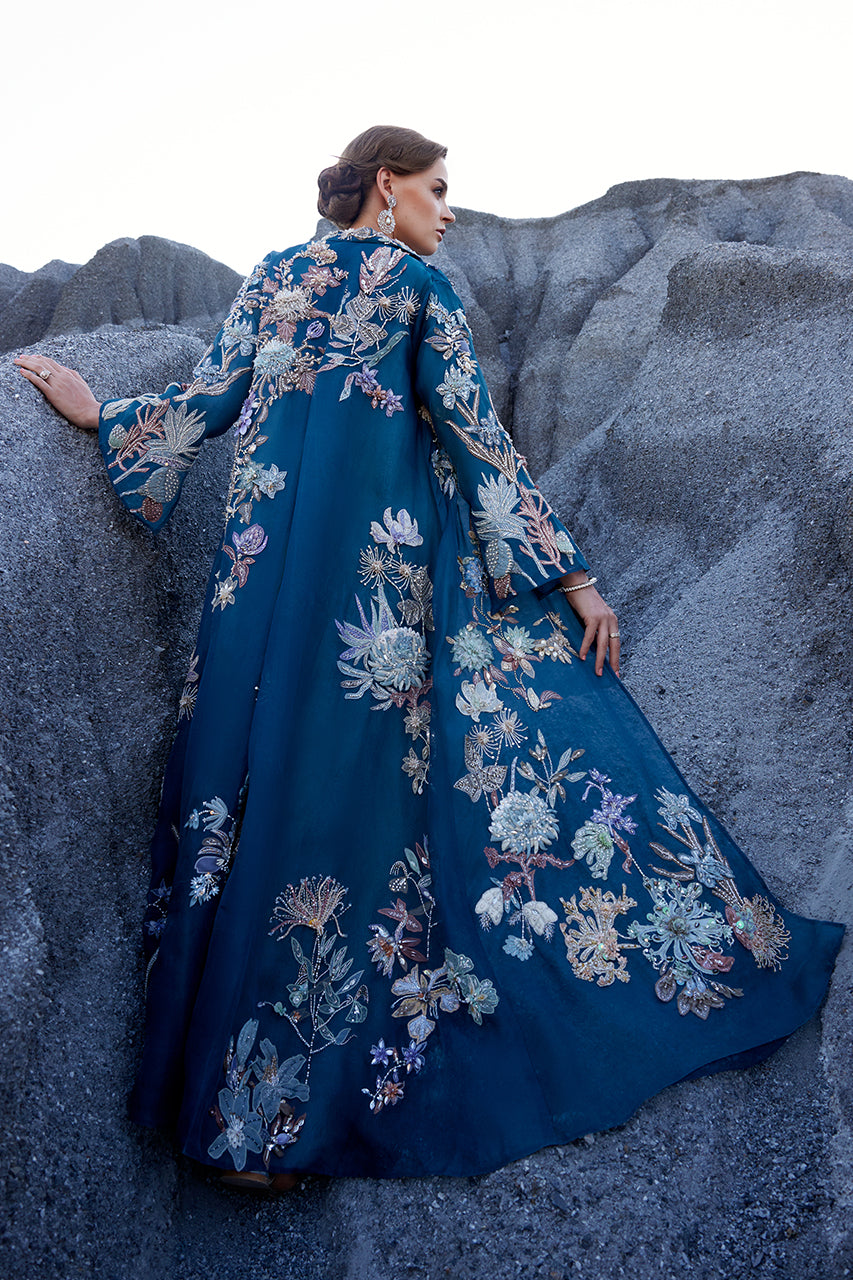 Pakistani Navy 3D Embroidered Organza Jacket with Raw Silk Kaftan (3-Piece) - Image 4