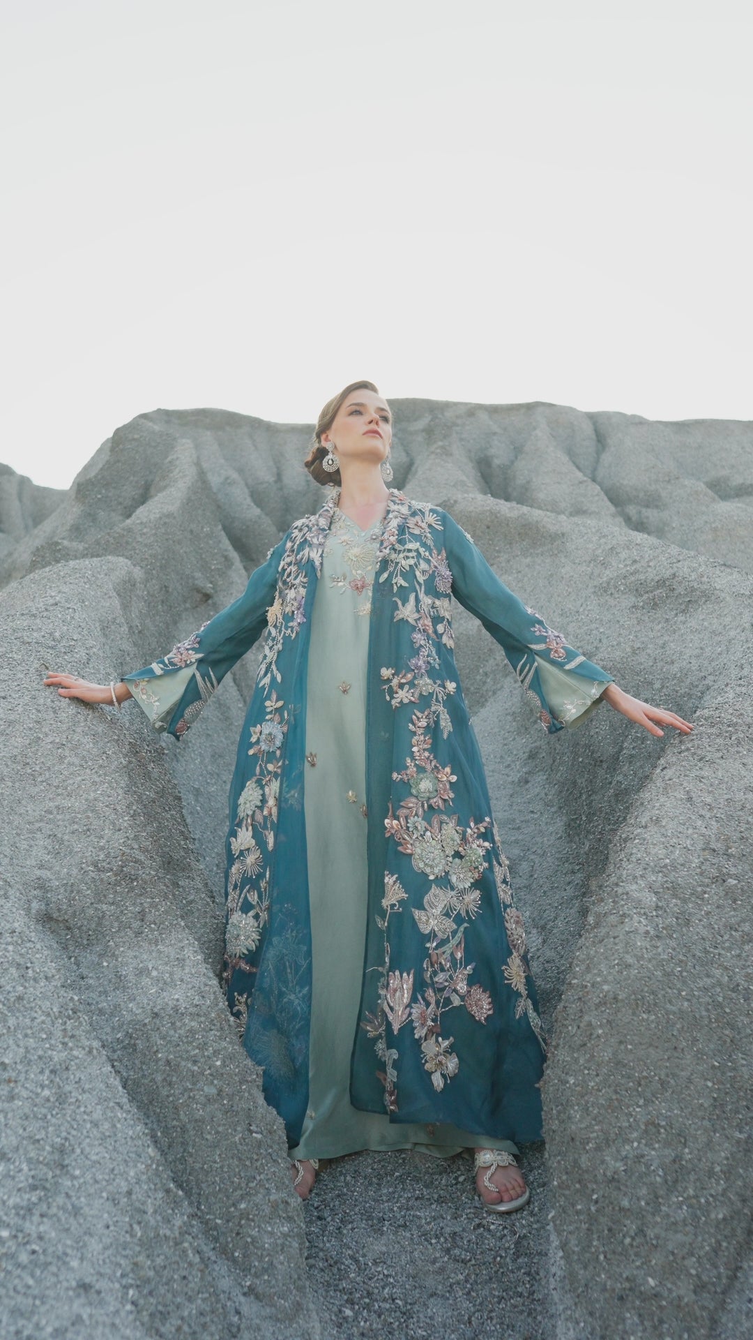 Pakistani Navy 3D Embroidered Organza Jacket with Raw Silk Kaftan (3-Piece) - Image 5