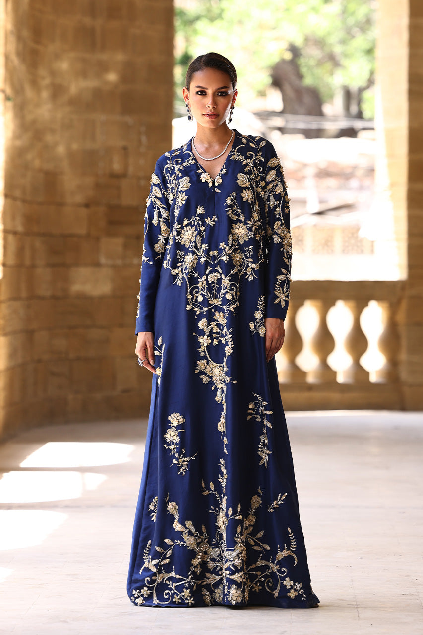 Pakistani Navy Zardozi Embroidered Raw Silk Kaftan (2-Piece) - Image 3