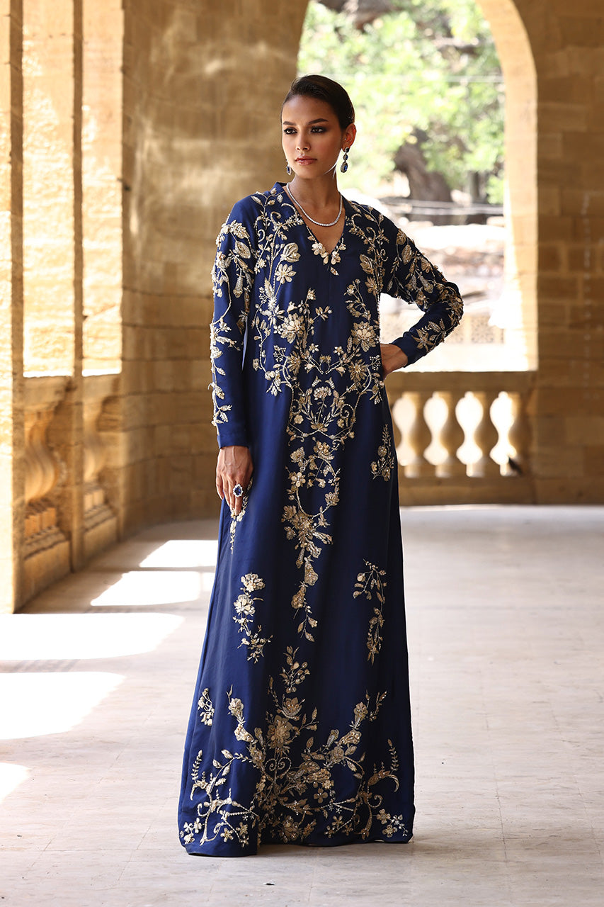Pakistani Navy Zardozi Embroidered Raw Silk Kaftan (2-Piece) - Image 4