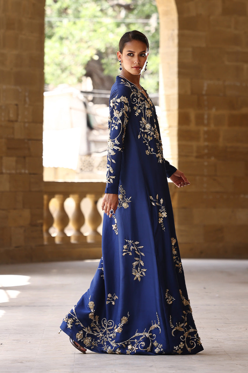 Pakistani Navy Zardozi Embroidered Raw Silk Kaftan (2-Piece) - Image 5