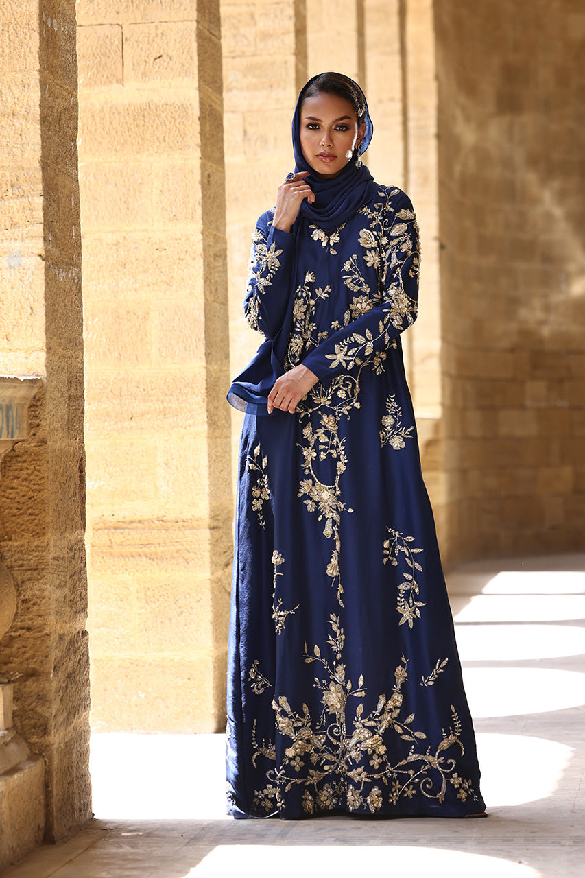 Navy Zardozi Embroidered Raw Silk Kaftan (2-Piece) - Image 1