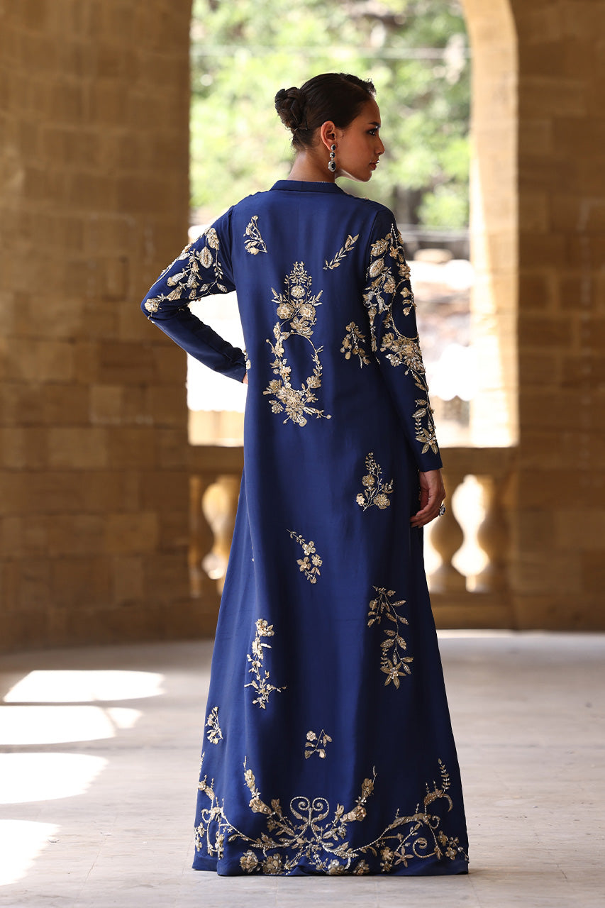 Navy Zardozi Embroidered Raw Silk Kaftan (2-Piece) - Image 2