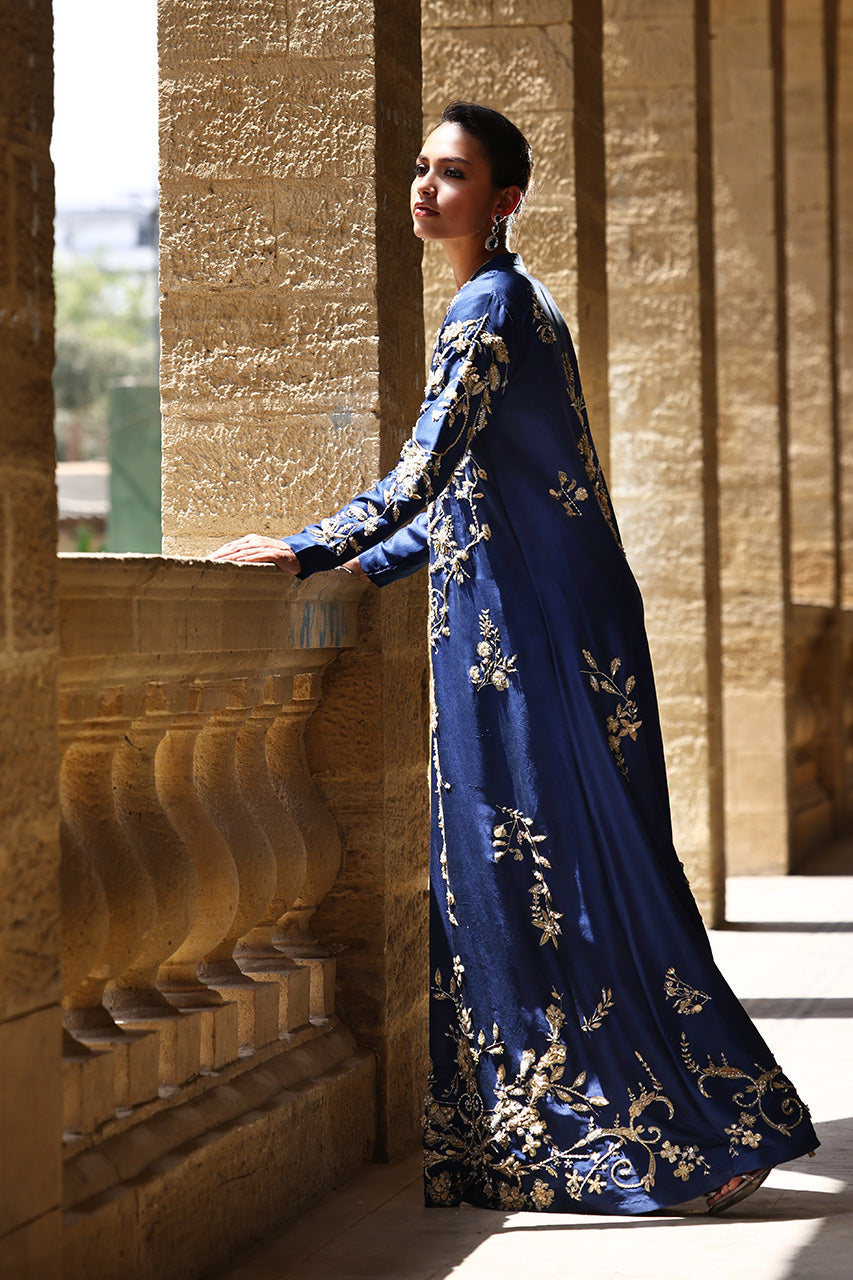 Navy Zardozi Embroidered Raw Silk Kaftan (2-Piece) - Image 6