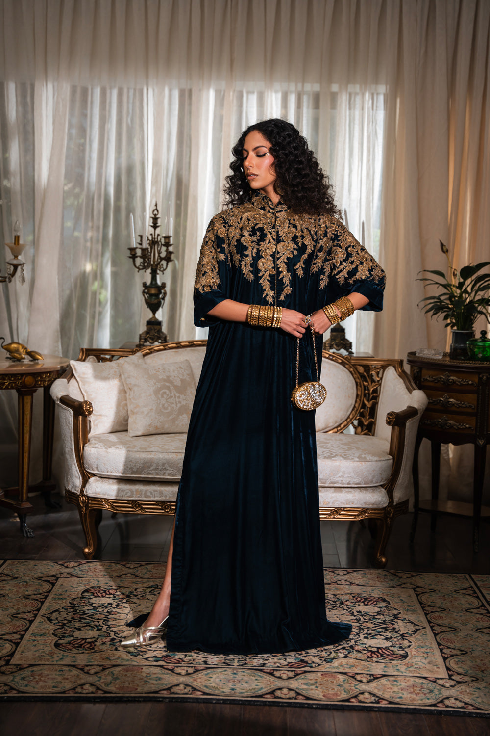 Deep Navy Embroidered Velvet Kaftan (1-Pc) - Image 1