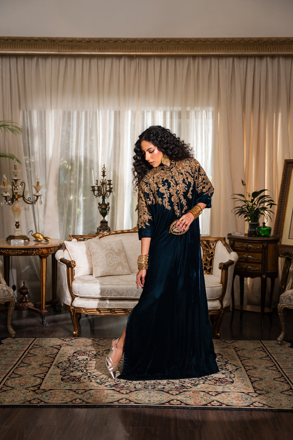 Deep Navy Embroidered Velvet Kaftan (1-Pc) - Image 2