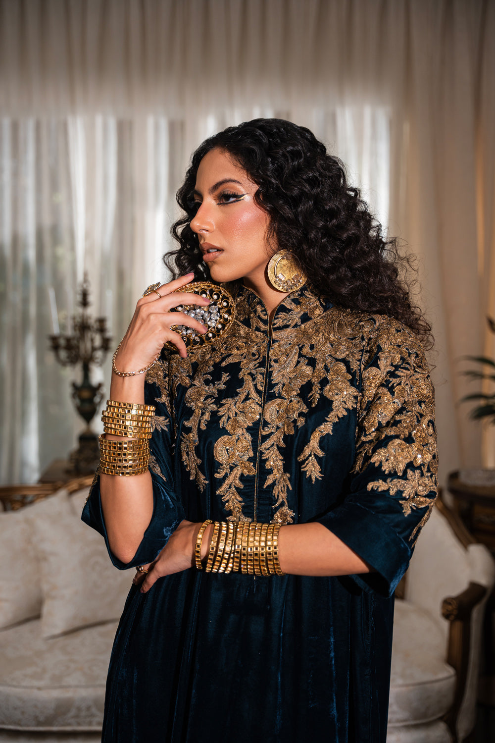 Deep Navy Embroidered Velvet Kaftan (1-Pc) - Image 3