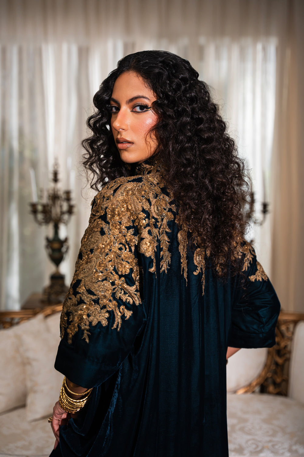 Deep Navy Embroidered Velvet Kaftan (1-Pc) - Image 4