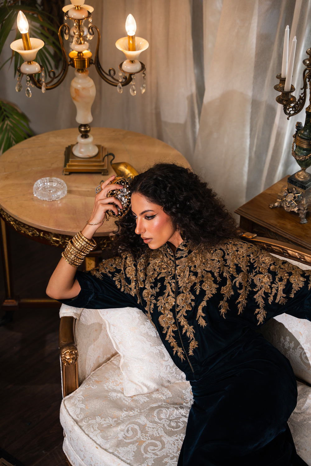 Deep Navy Embroidered Velvet Kaftan (1-Pc) - Image 5