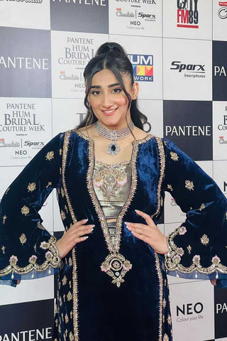 Deep Navy Embellished Velvet Kaftan (1-Pc) - Image 3