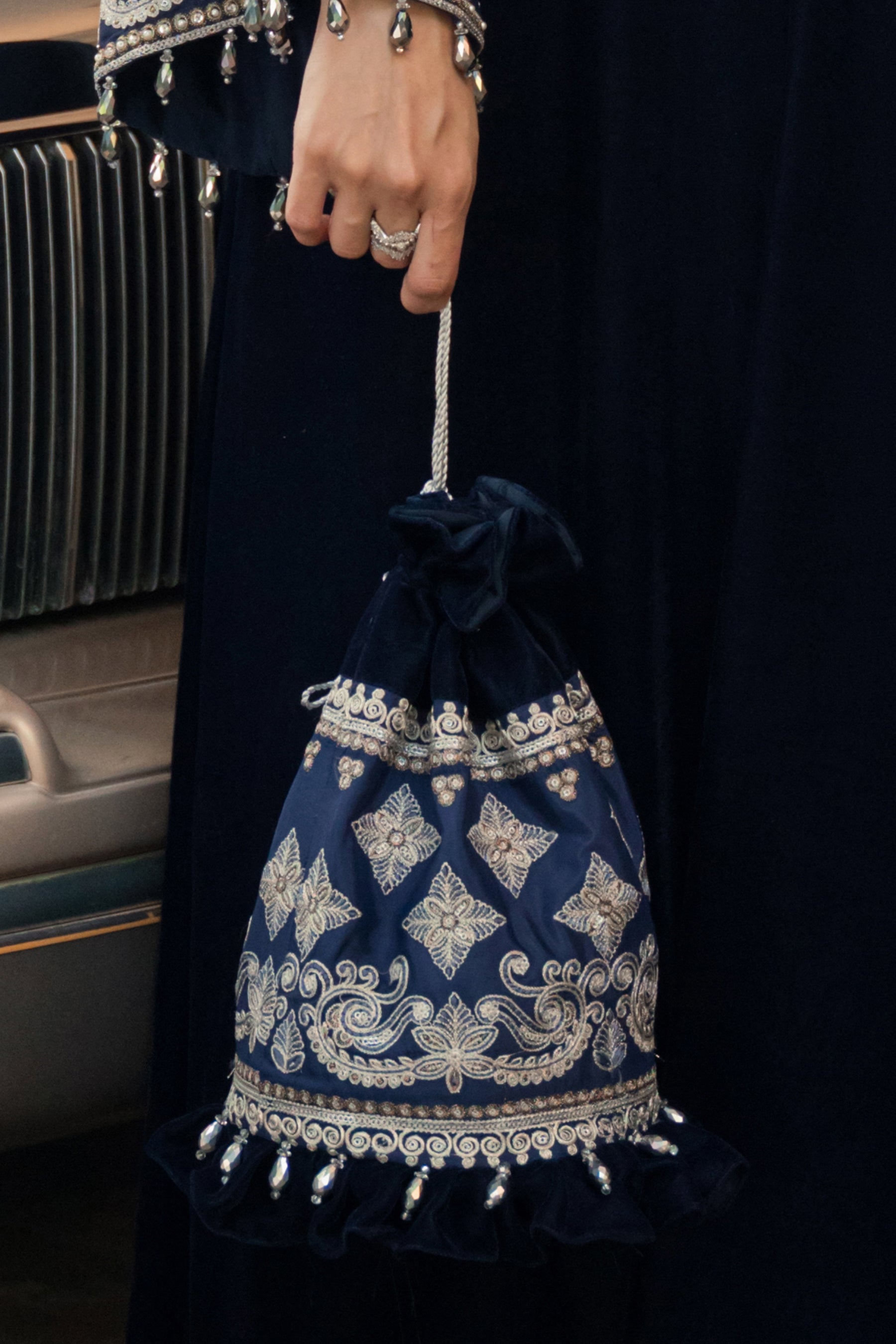 Pakistani Navy Blue Mukesh Badla Velvet Kaftan (3-Piece) - Image 11