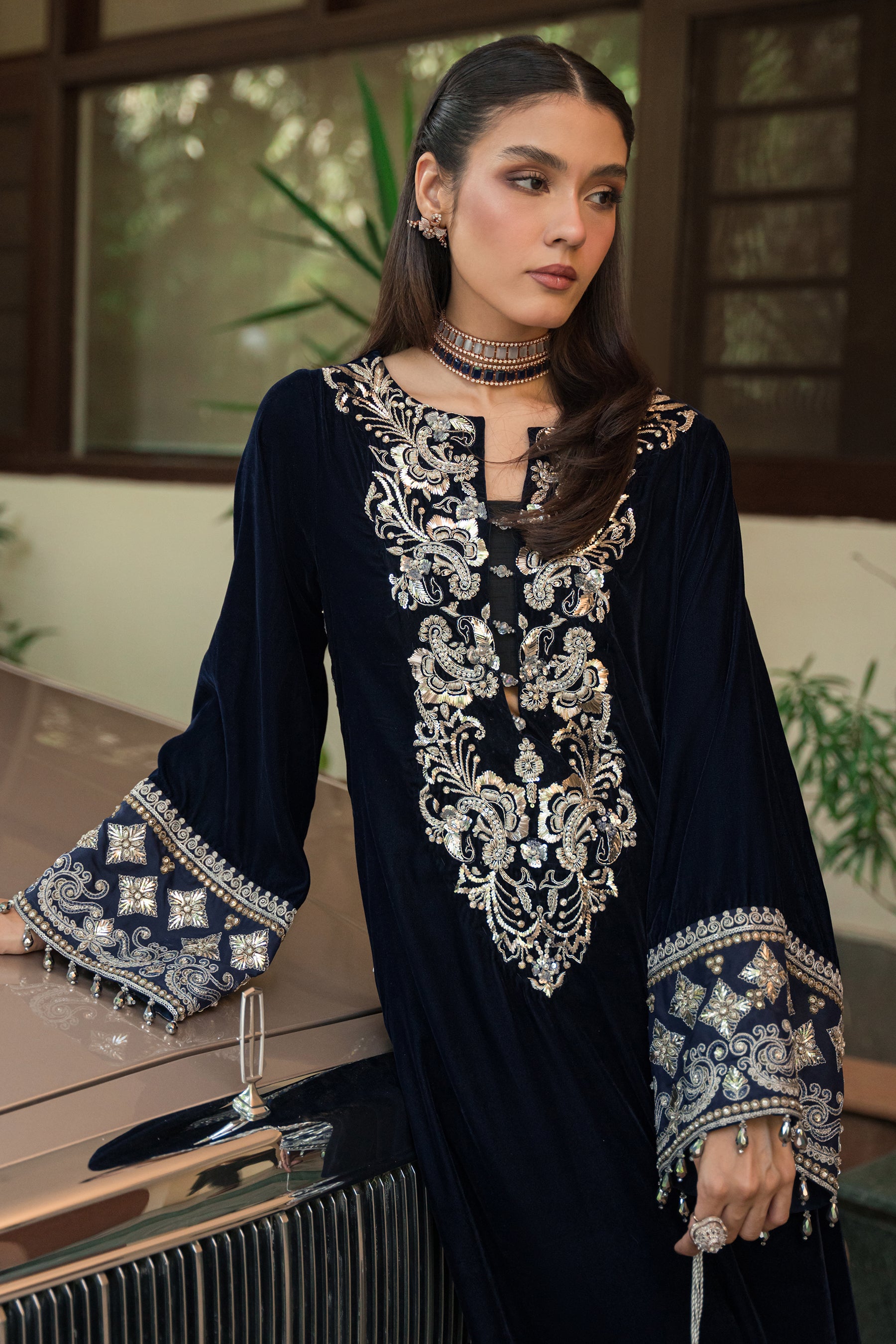 Pakistani Navy Blue Mukesh Badla Velvet Kaftan (3-Piece) - Image 8