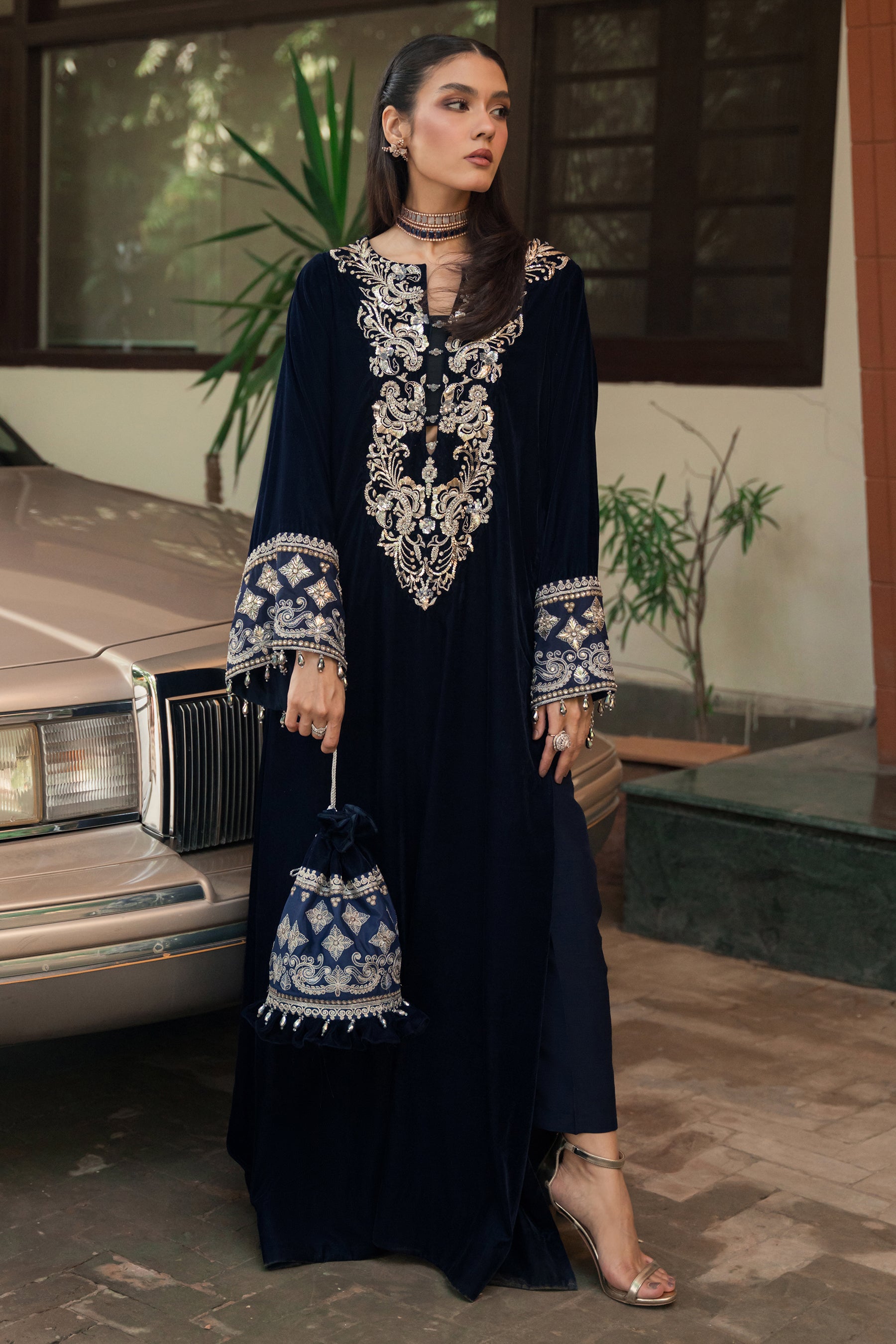Navy Blue Mukesh Badla Velvet Kaftan (3-Piece) - Image 6