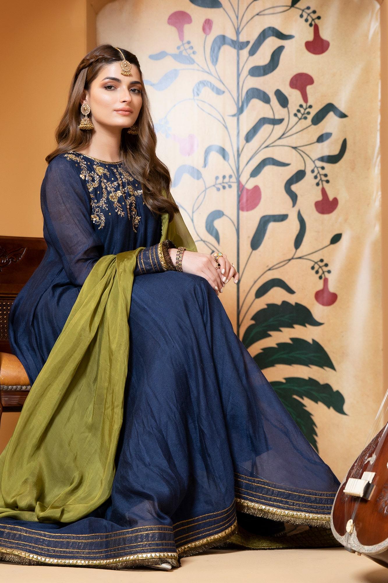 Navy Blue Embroidered Khaddi Net Kalidar (3-Piece) - Image 4