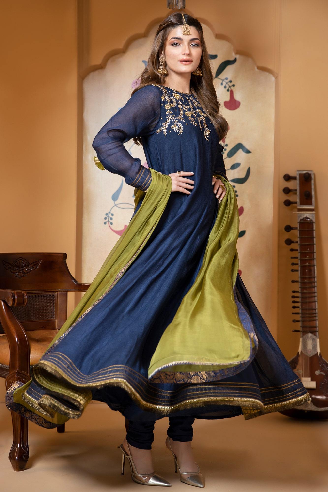 Navy Blue Embroidered Khadi Net Kalidar (3-Piece) - Image 2