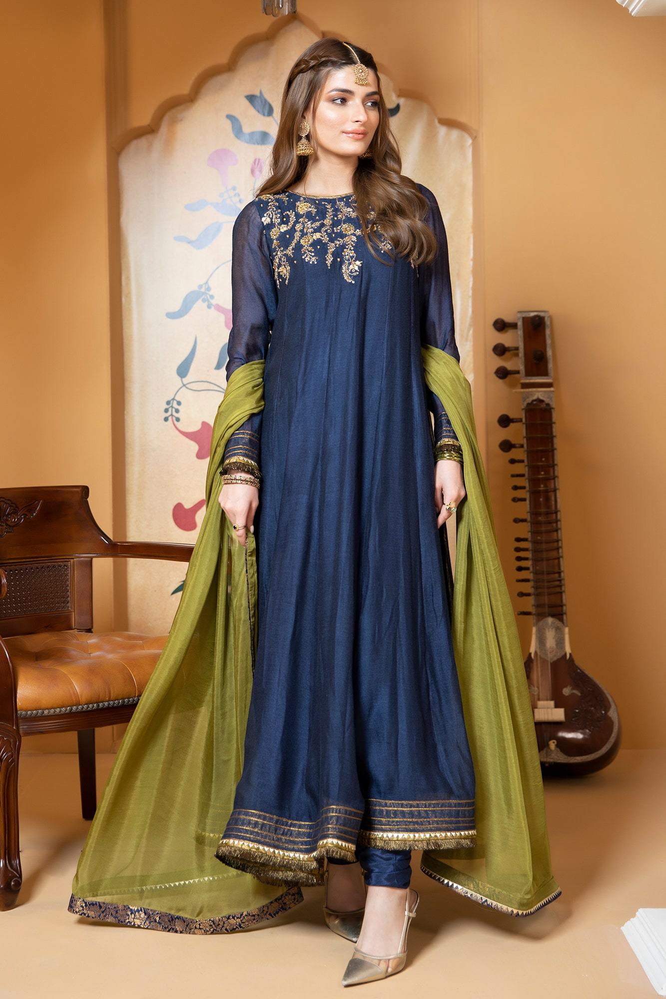Navy Blue Embroidered Khadi Net Kalidar (3-Piece) - Image 3