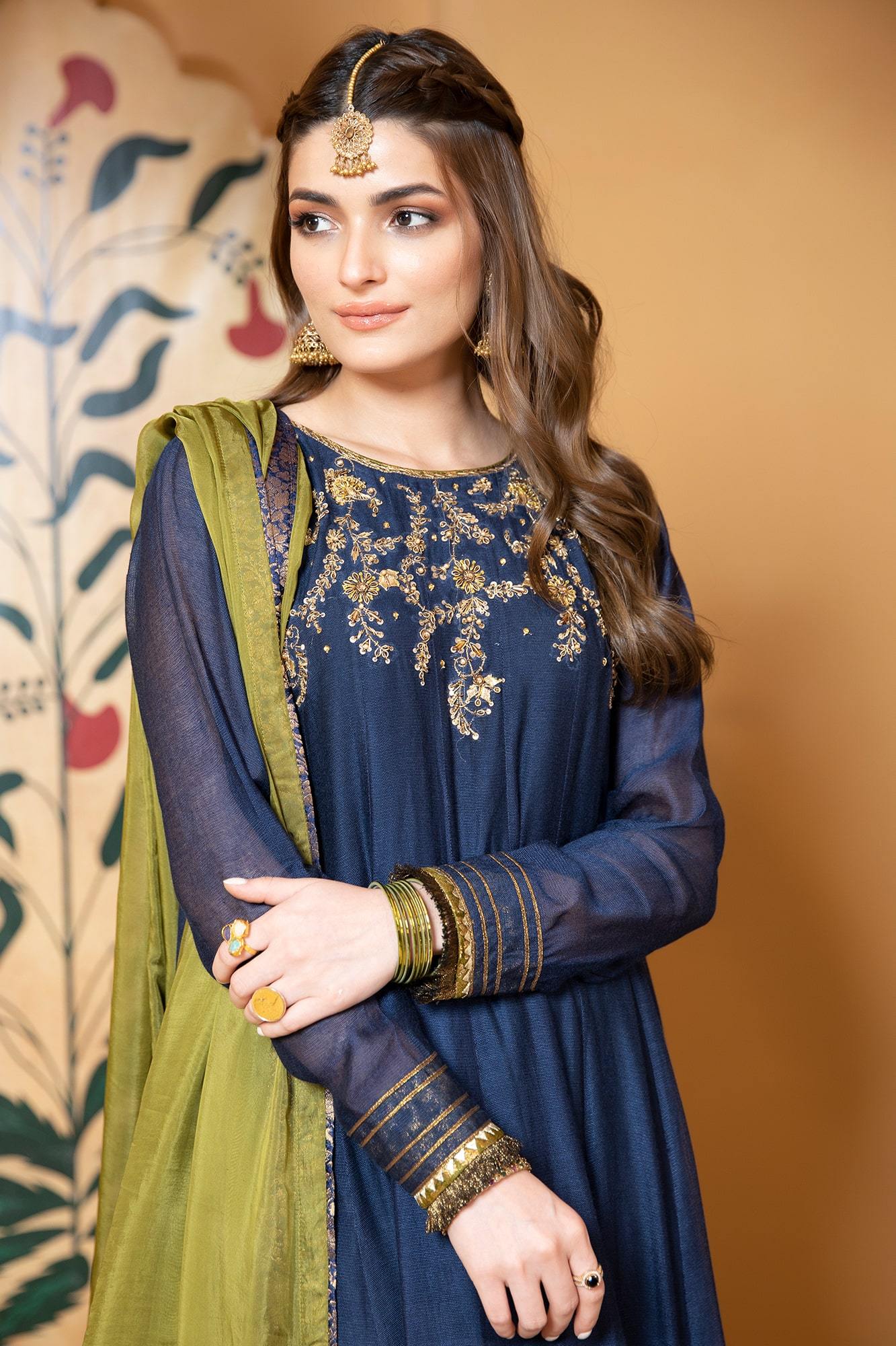 Navy Blue Embroidered Khadi Net Kalidar (3-Piece) - Image 5