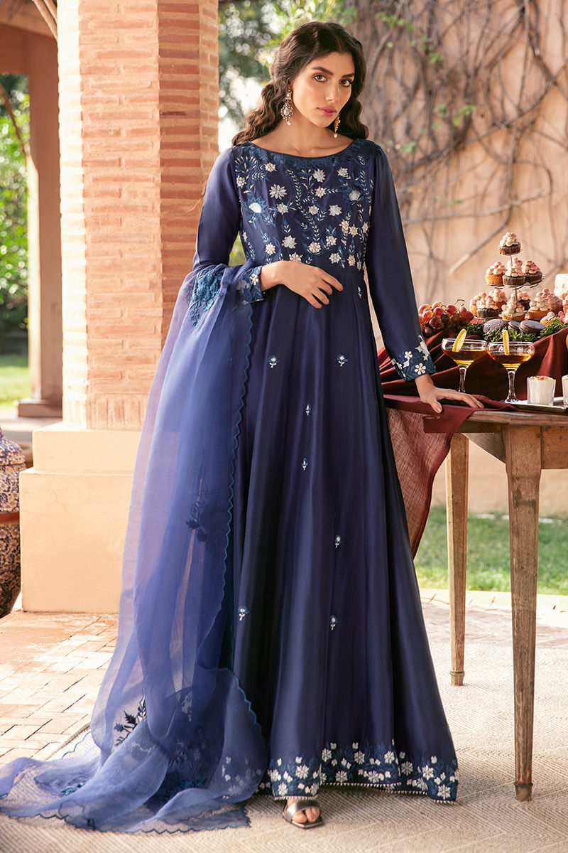 Navy Floral Embroidered Pure Raw Silk Kalidar (3-Piece) - Image 1