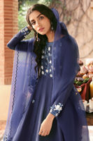 Navy Floral Embroidered Pure Raw Silk Kalidar (3-Piece) - Image 3