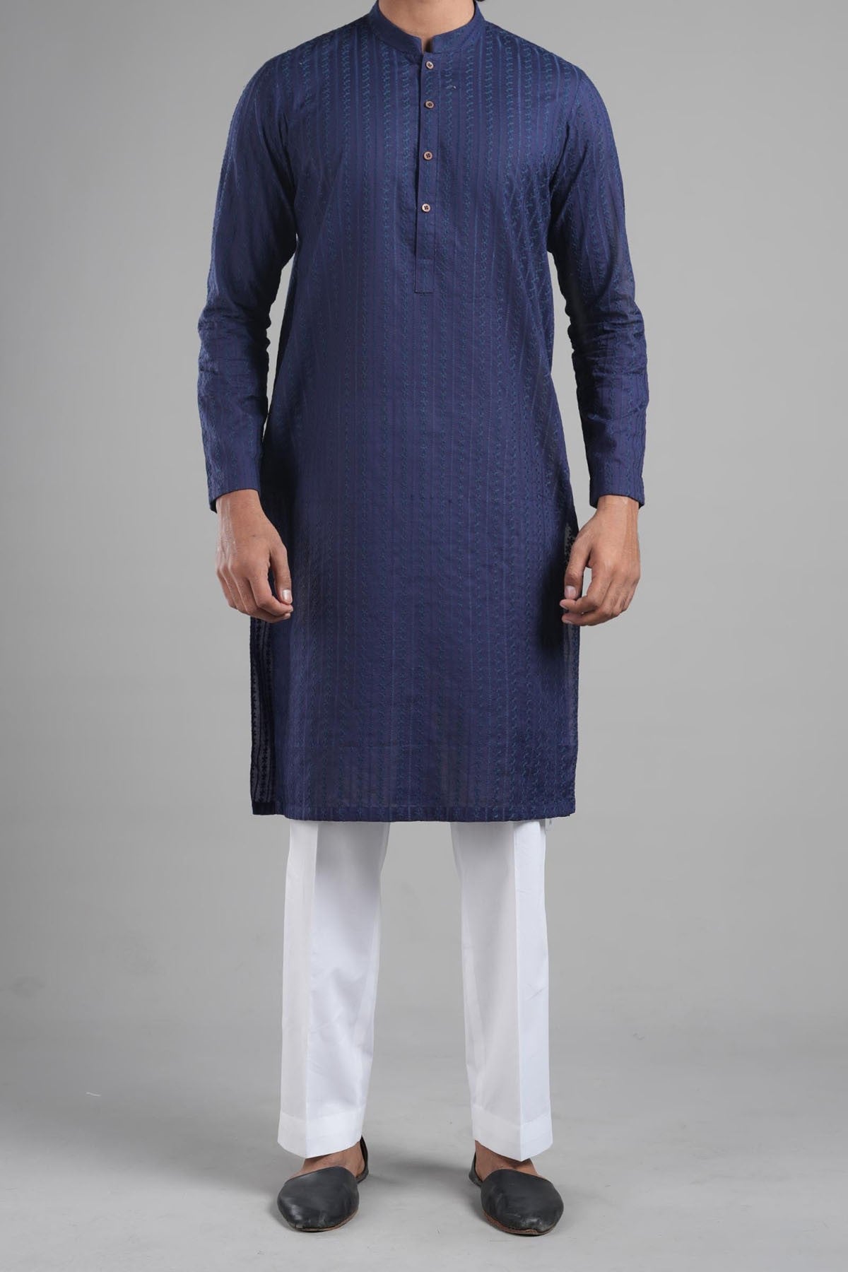 Navy Blue Embroidered Egyptian Cotton Kurta (2-Piece) - Image 1